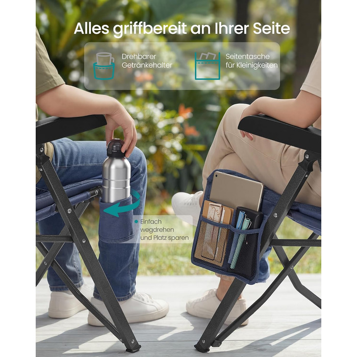 Складний туристичний стілець SONGMICS для відпочинку та риболовлі, з регульованою спинкою, підстаканником та кишенею, блакитний