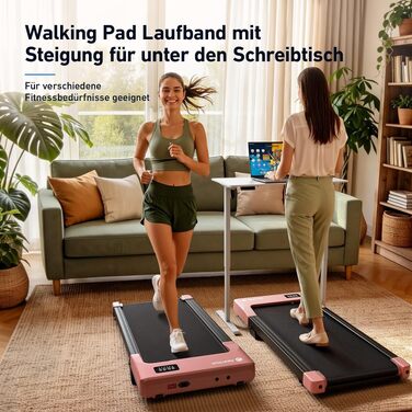Дорожній тренажер DeerRun Walking Pad з нахилом 6%, компактна бігова доріжка під стіл для дому та офісу, з LED-дисплеєм, пультом та підтримкою App, до 136 кг, Рожевий