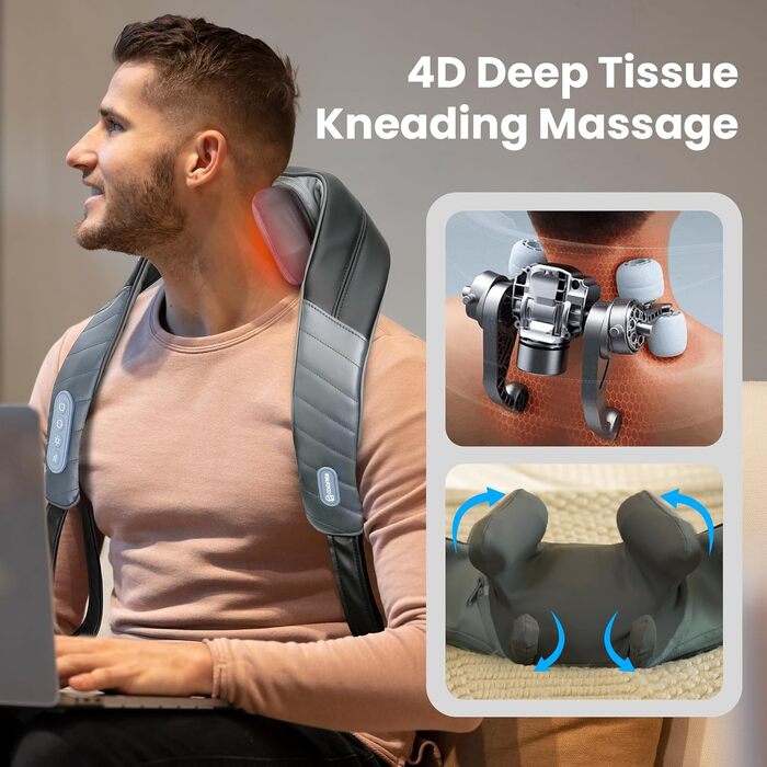 Бездротовий масажер для шиї та плечей COMFIER Shiatsu з підігрівом, 4D глибокий розминаючий масаж для спини, 3 режими, ШК-шкіра, сірий