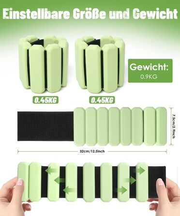 Регульовані вантажні манжети для зап'ястя (2 шт, по 0,45 кг), довговічні, портативні, для йоги, танців, пілатесу, кардіо, аеробіки, ходьби, зелені