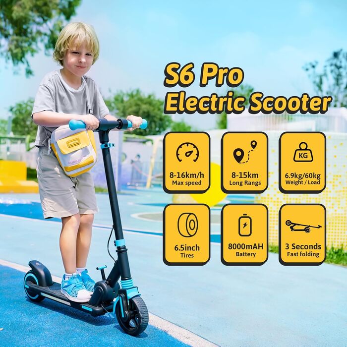 Дитячий електросамокат з LED-підсвіткою, 6,5'' колеса, акумулятор 5Аh, до 15 км, 150W, 4-рівневе регулювання висоти, подарунок для підлітків, синій