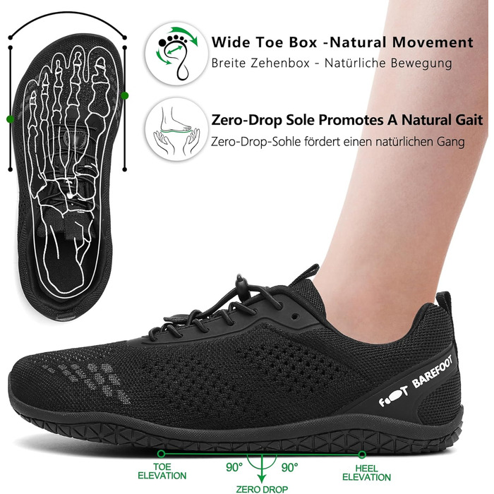 Босижні кросівки Geweo для жінок та чоловіків: зручні, широка передня частина, легкі, для фітнесу, кросфіту, силових тренувань, без підйому, трекінгові, унісекс, розміри 37-47 EU (чорний, 41 EU широкі)