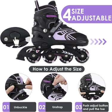 Інлайнерожі TOSHOO, ролики для дітей та дорослих, LED-колеса, регульовані розміри, ролики для катання, ролики для дівчаток та хлопчиків (S, фіолетовий)
