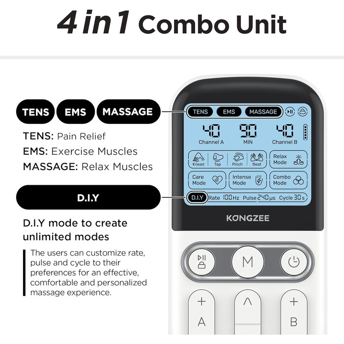 4-в-1 Пристрій для DIY електростимуляції EMS, масажер м'язів та нервів, терапевтичний пристрій TENS з двома каналами для зняття болю, схвалений FDA, з 12 електродними подушечками (білий)