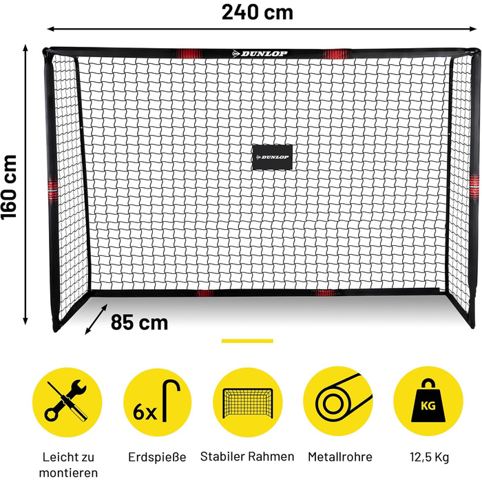 Футбольні ворота Dunlop 240x160x85 см для саду, металеві, чорні/червоні, для дітей і дорослих, футбольне тренувальне обладнання для вулиці та дому