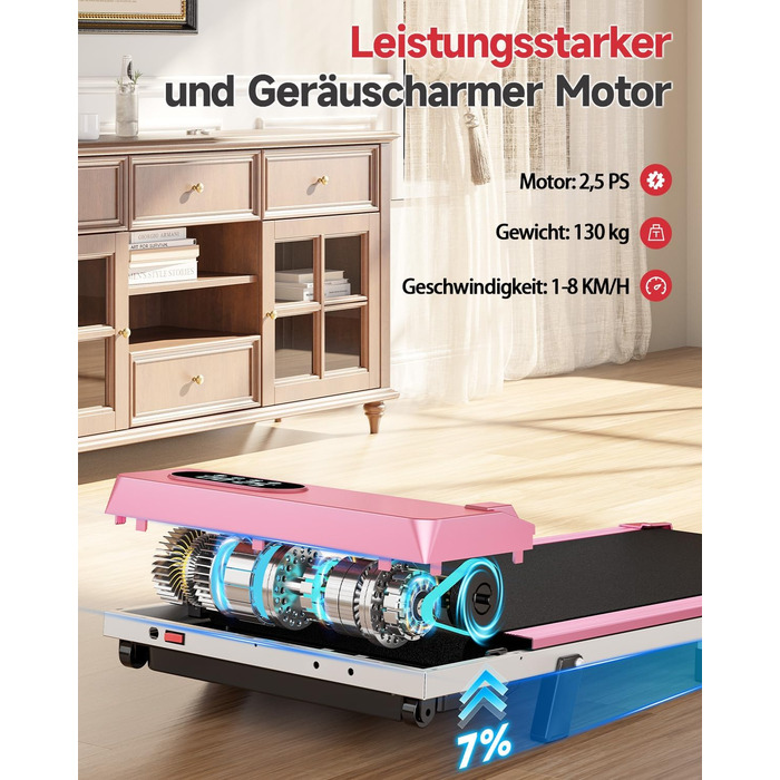 Walking Pad для дому HomeFitnessCode: електричний біговий килимок з нахилом, 1-8 км/год (Рожевий)