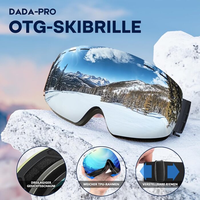 Скі-окуляри DADA-PRO: захист 100% від UV, антитуманне покриття, сумісність з шоломом, для носіння з окулярами, сноуборд