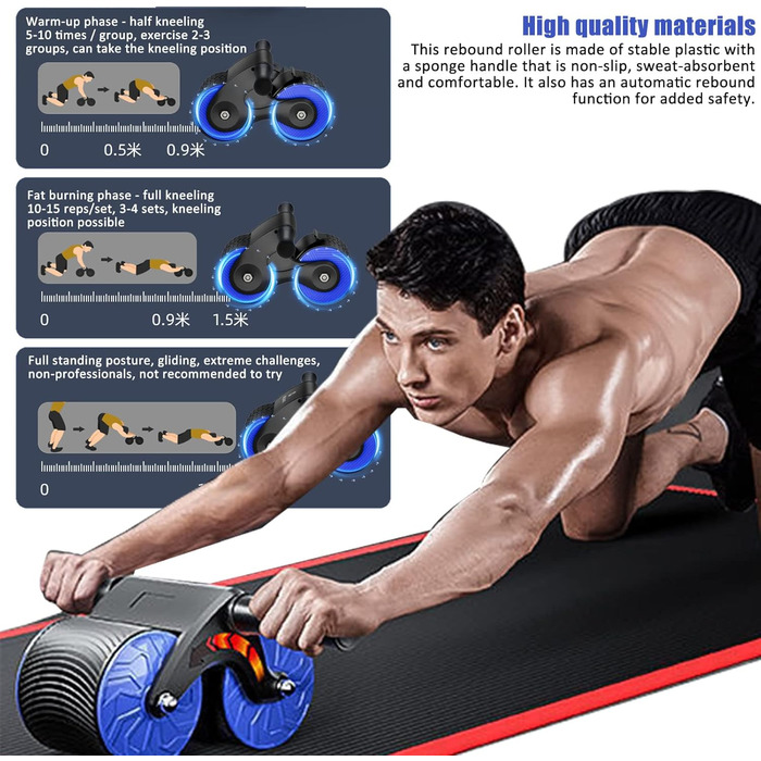 AB Wheel TWSOUL: тренажер для пресу з автоматичним відскоком та килимком, для зміцнення м'язів кора (Блакитний)