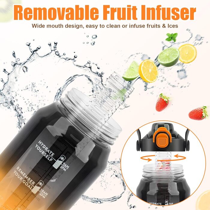 Спортивна пляшка для води MOMSIV 2L з трубочкою та контейнером для фруктів, з позначками часу, чорно-помаранчевого кольору, BPA-Free, для фітнесу, кемпінгу, йоги
