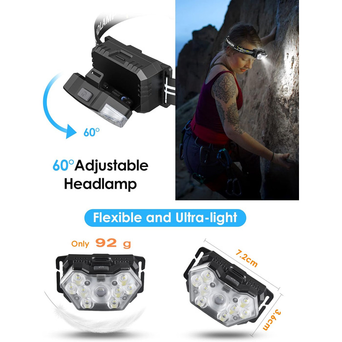 LED налобний ліхтар Lsnisni 2000 Люмен, 2 шт. з 6 режимами, водонепроникний IPX5, для дітей та дорослих, з акумуляторами AAA