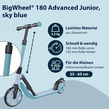 Дитячий самокат HUDORA BigWheel 180 Advanced Junior, складаний, з рефлекторами, регулювання висоти, для хлопчиків і дівчаток від 3 років, до 60 кг