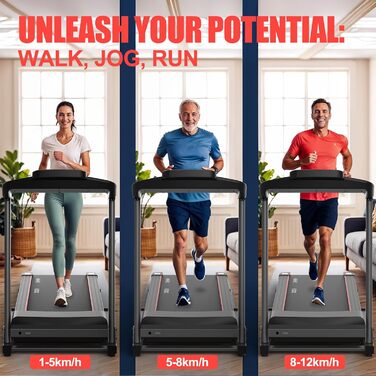 CharonFit T300: Складний біговий тренажер для дому з регулюванням нахилу до 12 км/год, 2.5 PS, вантажопідйомність 120 кг, сумісний з додатком, 2 роки гарантії, чорний
