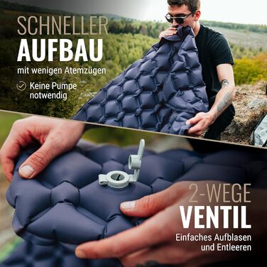 WANDERFALKE® Килимок туристичний надувний 550г - XL (66см) - для кемпінгу, трекінгу, байкпакінгу, Outdoor, блакитний
