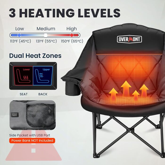 Овермонт: Обігрівальний XL стілець для кемпінгу, дорослий – складаний стілець, ідеальний для зимових походів, кемпінгу та риболовлі (Чорно-сірий)