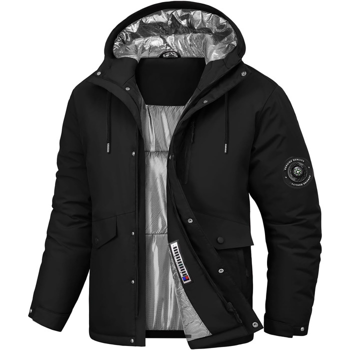 Зимова куртка для чоловіків, водонепроникна, для катання на лижах та сноуборді, тепла, з капюшоном та компасом (Синій, M), Чорний L