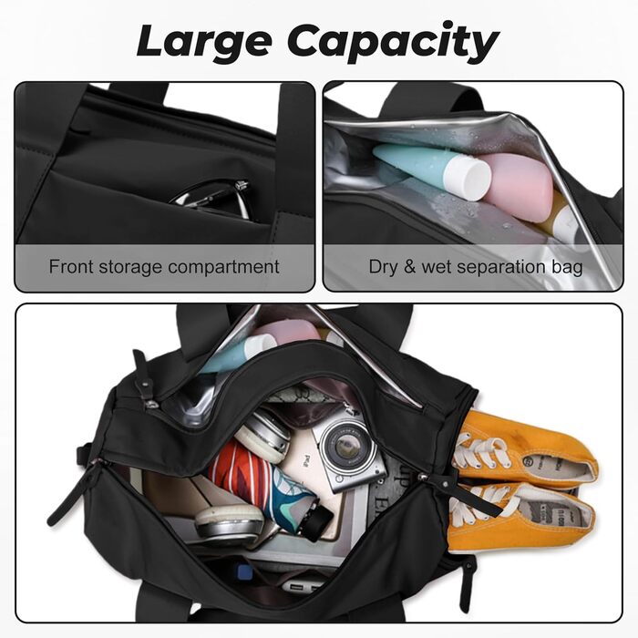 Спортивна сумка Flintronic для дівчат та жінок, маленька сумка для плавання та фітнесу з відділенням для взуття та вологостійкою кишенею (Чорна, 44 x 20 x 20 см)