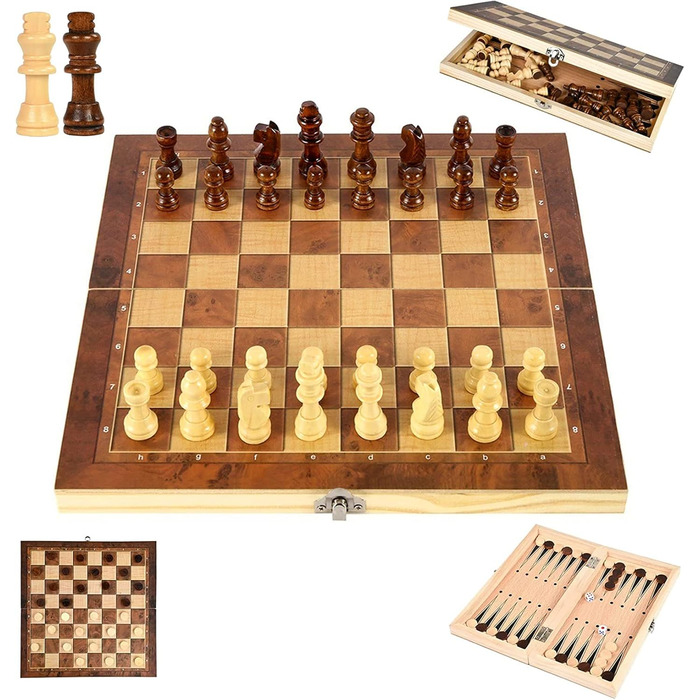 Дерев'яний шаховий набір 3 в 1, складаний, міжнародні шахи, для подорожей, вечірок, сім'ї, дітей та дорослих, 39x39 см