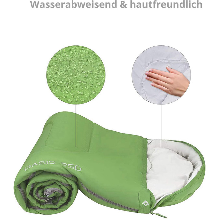 Спальний мішок KingCamp Oasis 250 - літній, для кемпінгу та відпочинку на природі, зелений, довжиною 2.2м, шириною 2.2м, температура комфорту -3°C