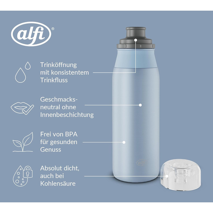 Пляшка для води alfi ELEMENT 600 мл, зелена матова, легка та герметична, з нержавіючої сталі, підходить для газованих напоїв, з гвинтовою кришкою, маленька, для посудомийки, без BPA