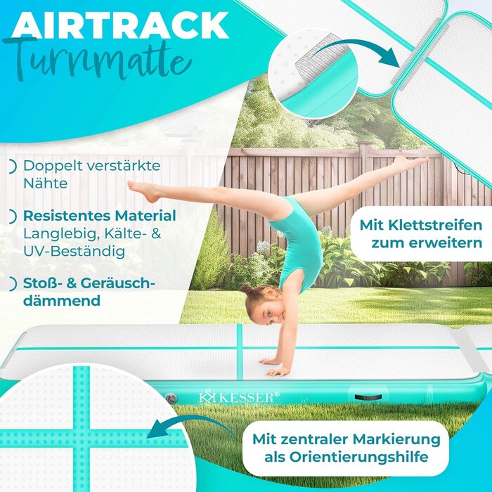 Надувна гімнастична мата KESSER® Airtrack: 2м/3м/4м/5м/6м. Мата для фітнесу, йоги, акробатики. В комплекті сумка та електронасос. Розмір: 300 x 100 x 10 см. Колір: м'ятно-зелений