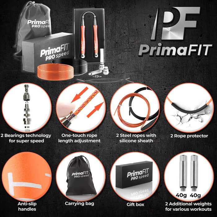 PrimaFIT Стрибкове канат для фітнесу та боксу: 3м, регульований, з вагами, 2 підшипники, антиковзні ручки, для MMA, Crossfit, та фітнесу (Помаранчевий)