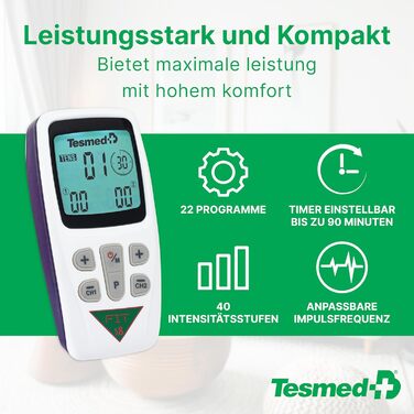 Електростимулятор м'язів TESMED Fit: EMS, TENS, масаж (3 в 1), 22 програми, 6 налаштовуються, для зняття болю та стимуляції м'язів живота, сідниць та грудей. Комплект з 8 електродів.