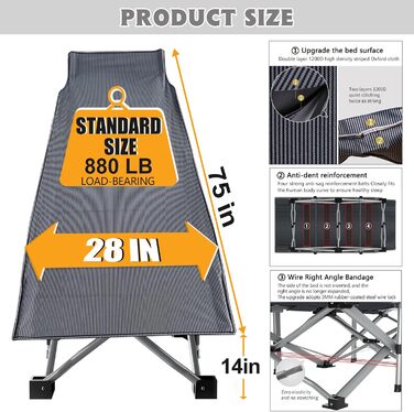 Складне туристичне ліжко ABORON для дорослих, двошарове, 1200D, портативне, міцне, для дому, офісу, кемпінгу, подорожей, з сумкою, сіре смугасте ліжко для дітей