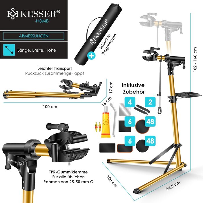 Підставка для велосипедів KESSER® Profi Alu: Ремонт, обслуговування, 360° обертання. Підходить для гірських, електровелосипедів та звичайних велосипедів. В комплекті сумка, набір для ремонту та магнітний органайзер для інструментів.