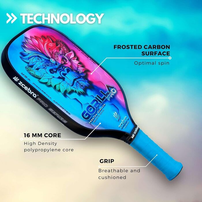 Ракетка для піклболу ZCEBRA Gorilla Pro Rainbow, графітова, 16 мм, поліпропіленовий стільниковий сердечник, текстурована поверхня, чохол неопрений