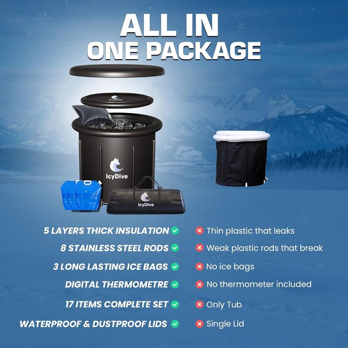 Електрична ванна для криотерапії XL 105GL для дорослих з насосом, термометром та акумуляторами льоду, з надувним кришкою та зливом, для дому