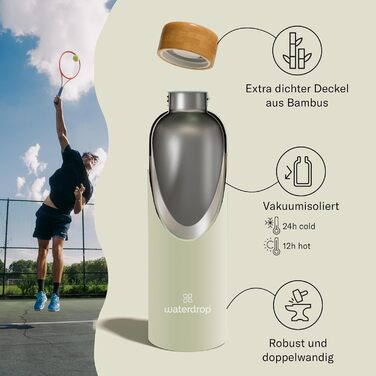 Термос-бутилка Waterdrop 600 мл із нержавіючої сталі, подвійні стінки, герметична, для води, газованих напоїв, зберігає холод до 24 годин, тепло до 12 годин, ударостійка