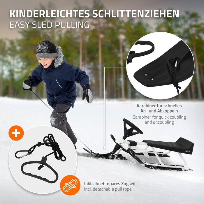 Санки ECD Germany з кермом, сталевий каркас, для дітей і дорослих, до 90 кг, з ручним гальмом, спинкою та мотузкою, білі, 119x38x50 см