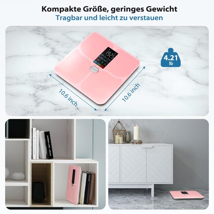 Електрична вага для вимірювання складу тіла ABLEGRID з LED-дисплеєм, рожева. Вимірює жир, м'язи, BMI, частоту серця та інші параметри (16 показників). Макс. вага: 180 кг