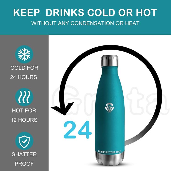 Фляга для води 750 мл з нержавіючої сталі, без BPA, з подвійними стінками, термофляга, для спорту, фітнесу, походів, кемпінгу, велосипеду, зелений мох