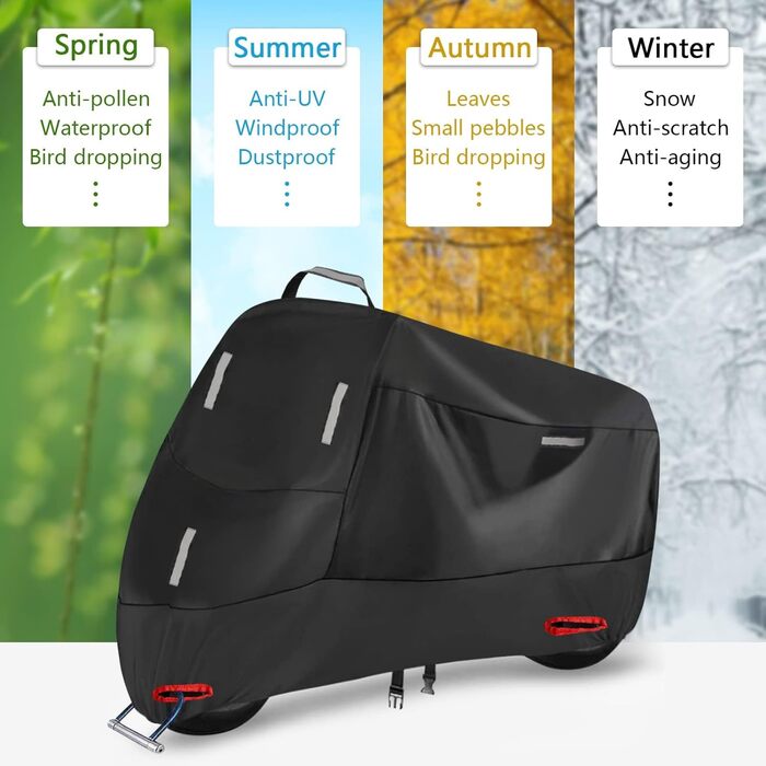 Водонепроникний чохол для мотоцикла Motorrad Abdeckplane 300D, XL (230x90x125cm), чорний/сріблястий, з 5 світловідбиваючими смугами та кишенею