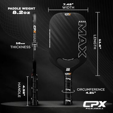 Pickleball-Paddel CPX MAX Series: Вуглецеве волокно, T700, професійна якість, довга форма, 14 мм ядро, зручний захват, довговічний, дизайн Chicago