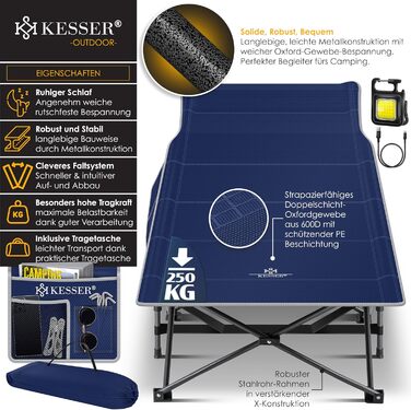 Кемпінгове ліжко KESSER® розкладне, металеве, 210 см, Navy Blue (темно-синій) з сумкою та ліхтарем