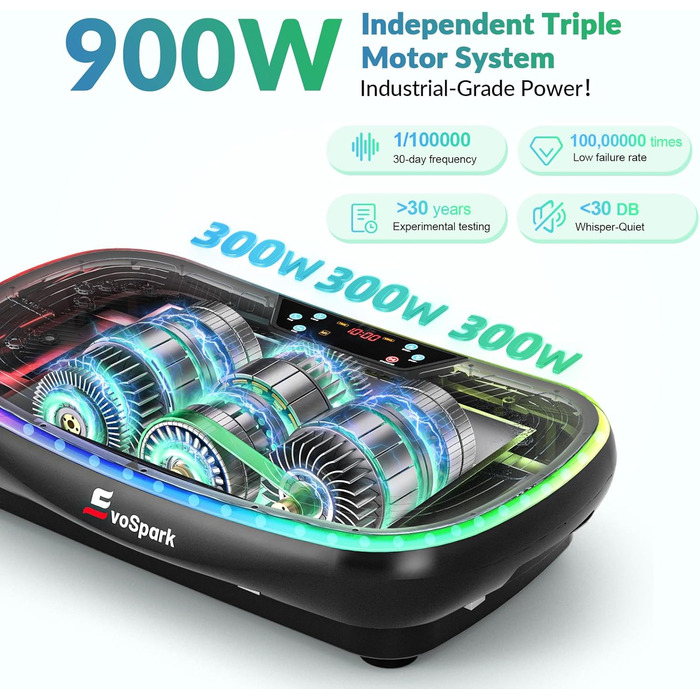 Vibrationsplatte EvoSpark 4D PRO 7-in-1: Тест-переможець 2025, 900W, LED-підсвічування, 550 lbs, для домашніх тренувань