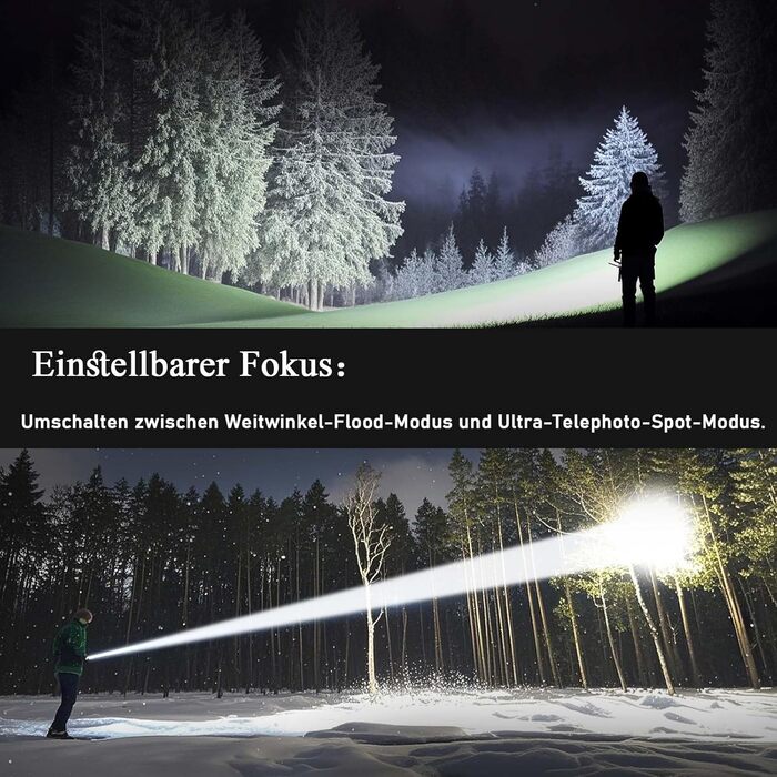Ліхтар Jayxinli 500000 Люмен, акумуляторний, надпотужний, з регулюванням фокусу, 3 режими, тактичний, для кемпінгу, надзвичайних ситуацій та повсякденного використання, чорний