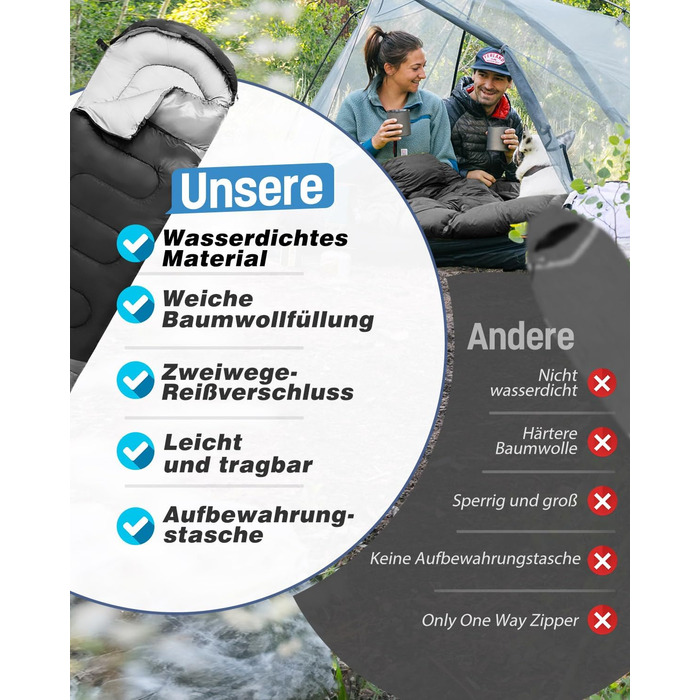 Сплячий мішок 3-4 сезони, водонепроникний, ультралегкий, для дорослих та дітей, з внутрішньою кишенею, 220*75см (зелений/чорний)