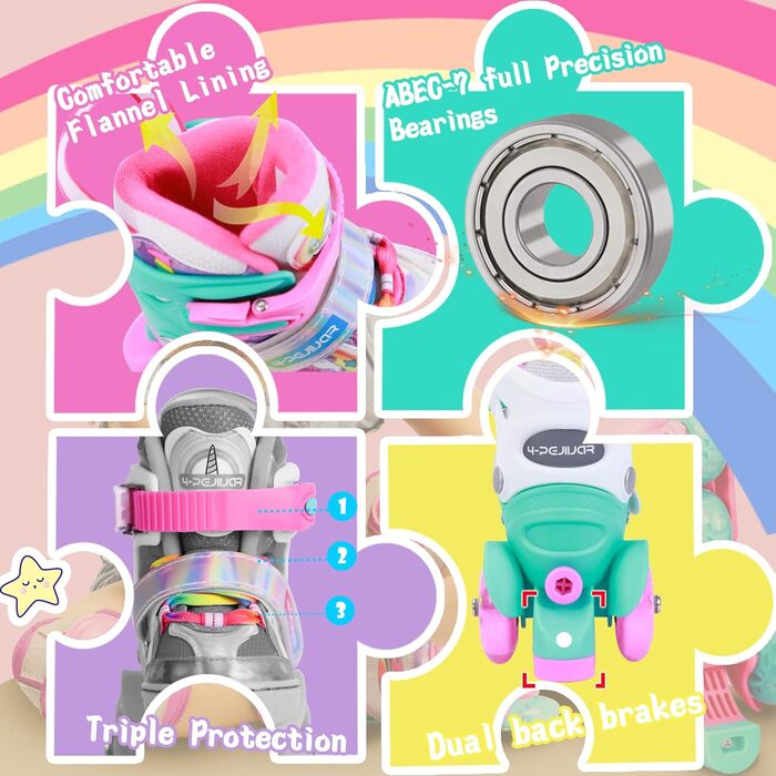 Дитячі ролики Kinder Einhorn для дівчаток, 3-6 років, з підсвічуванням, регульовані, 4 колеса, для початківців, фіолетові