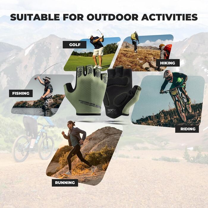 Велосипедні рукавички ROCKBROS для чоловіків та жінок, напівпальцеві, з антиковзким покриттям та амортизацією, літні, для гірського та шосейного велосипеда, розмір M, зелені