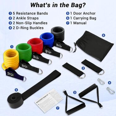 Набір еластичних стрічок для фітнесу з дверними фіксаторами, ручками та сумкою. 5 рівнів опору, для дому, силових тренувань, пілатесу, йоги