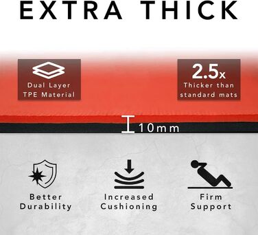 Тренувальний килимок – великий, широкий та товстий для чоловіків та жінок (183 см x 80 см x 10 мм) – TPE фітнес килимок, неслизький, для дому, HIIT, пілатесу, гімнастики, сірий – з принтом (червоний)