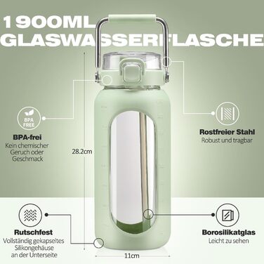 Мотиваційна пляшка для води HYDRAGLAZIC 1900 мл з трубочкою, нержавіючою ручкою, силіконовим чохлом, тайм-маркерами, скляна, світло-зелена