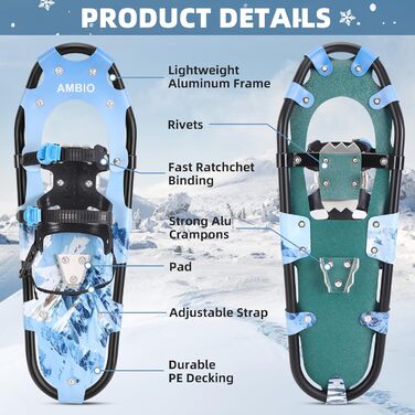 Снігоступи AMBIO для чоловіків, жінок та підлітків, легкі алюмінієві снігоступи з сумкою, зелені, розмір 21 дюйм, вантажопідйомність 32-68 кг