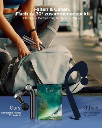 Масажер для тіла KingPavonini з висувним руків'ям та складним голівкою, масажна пістолета для спини з 3 регульованими кутами та 4 насадками, масажер - подарунок для чоловіків та жінок, чорний