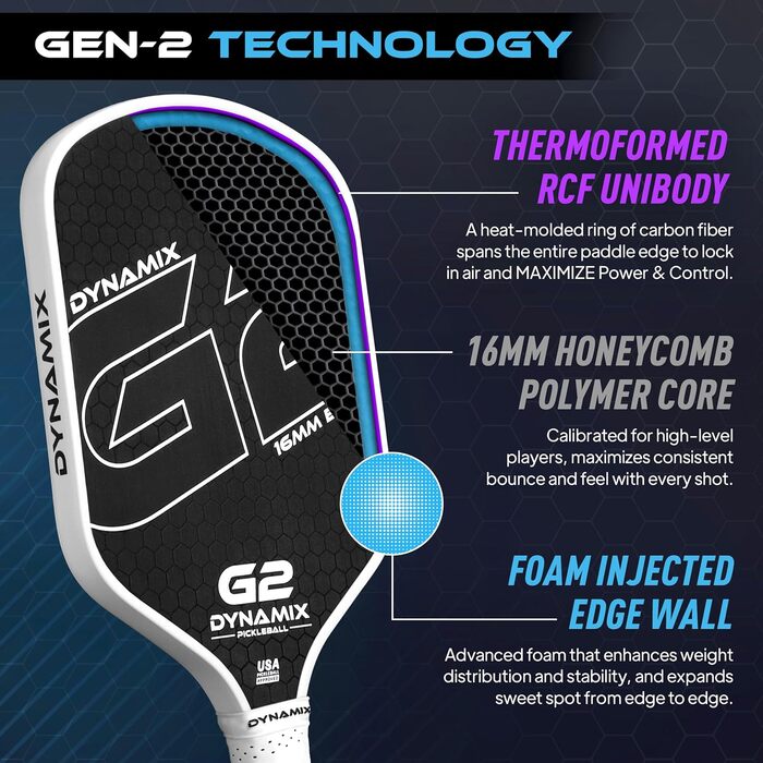 Ракетка для піклболу з вуглецевого волокна Gen-2, 16 мм, сертифікована USAPA, для професійного рівня, потужність, обертання та стабільність, довгаста, легка, професійна балансування (біла ручка / біла рамка)