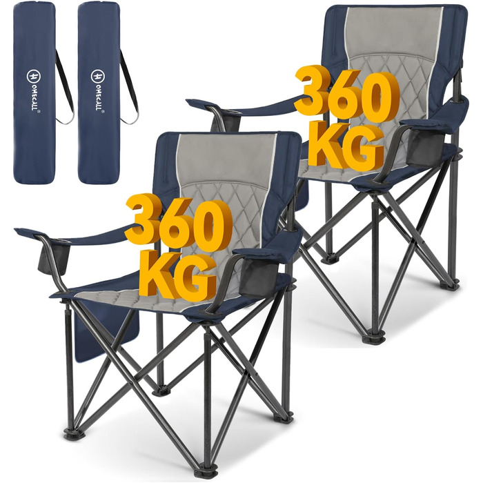 Складане крісло для кемпінгу Homecall XXL до 360 кг, посилене крісло з високою спинкою та м'якою оббивкою для риболовлі, саду та відпочинку на природі (Синій, 2 шт.)