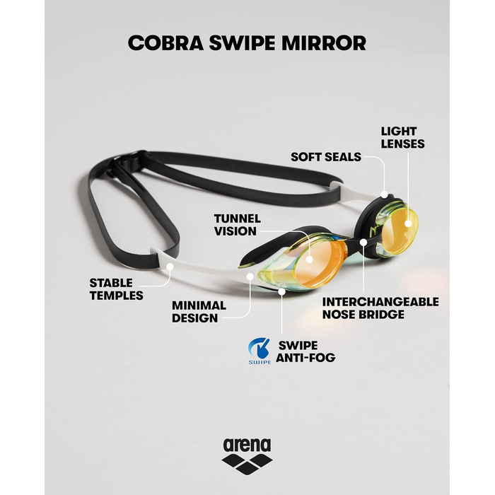 Окуляри для плавання arena Cobra Original Swipe дзеркальні, антифог, UV-захист, для дорослих, унісекс, 4 змінні носоупори